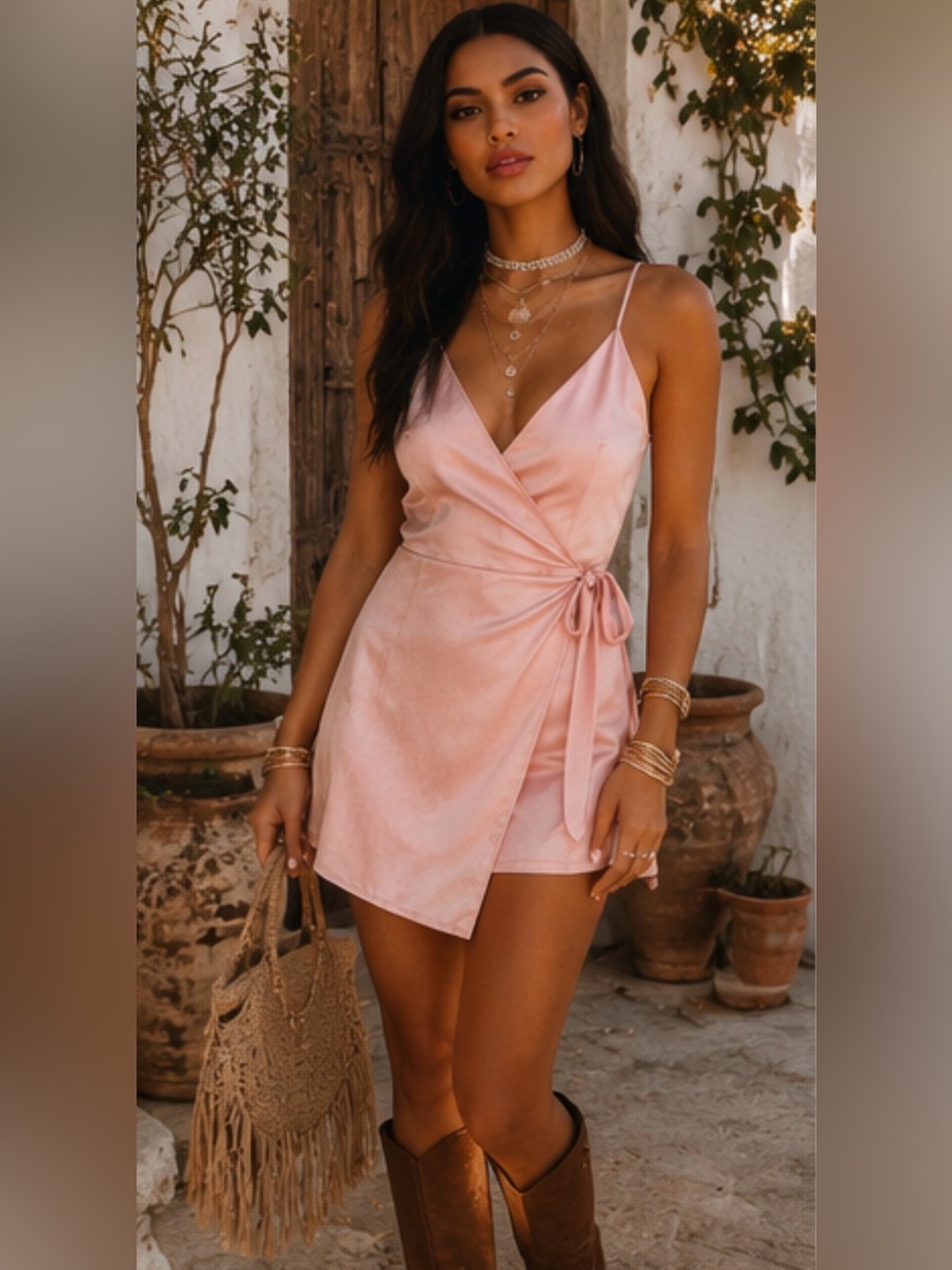 Baby Pink Satin Wrap Cami Romper